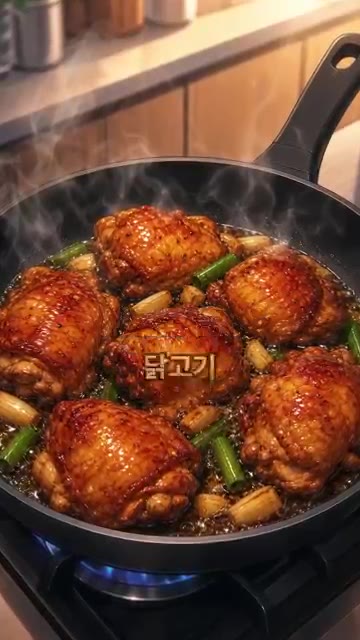 달군 팬에 식용유 1큰술을 두르고 닭고기 물기를 닦아 노릇하게 굽습니다. — 단짠 닭간장 조림