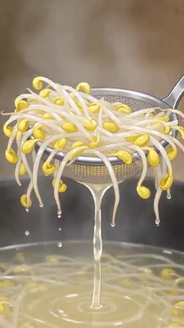 밥 위에 국물을 붓고 콩나물을 수북이 얹는다. — 여름 새벽 콩나물국밥 레시피