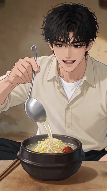 완성된 콩나물국밥을 맛있게 먹는다. — 여름 새벽 콩나물국밥 레시피