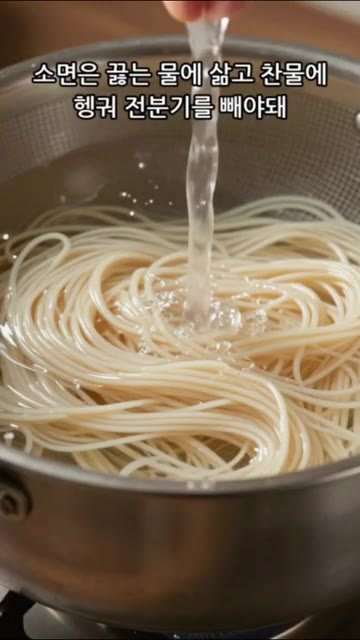 소면은 끓는 물에 삶아 찬물에 헹궈 전분기를 빼주세요. — 초간단 설렁탕 10분 완성