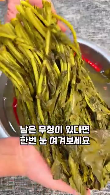 싱싱한 무청을 준비합니다. 끓는 쌀뜨물에 무청을 넣고 약 10초간… — 무청, 시래기로 말고 이렇게 드셔보세요! 새롭게 먹는 방법