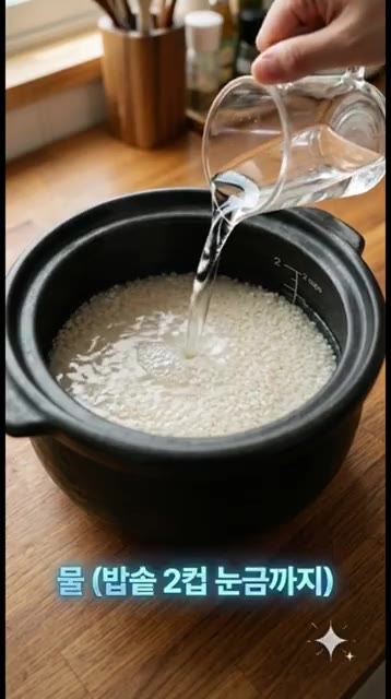 솥에 불린 쌀을 넣고 밥솥 2컵 눈금까지 물을 부어줍니다. — 시오콘부 솥밥 레시피