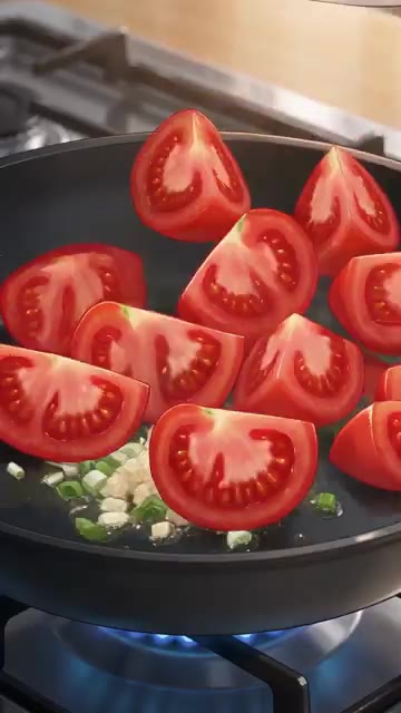 같은 팬에 기름을 약간 두르고 썰어둔 토마토와 다진 대파를 넣고 볶는다. — 5분 완성! 중화풍 토마토 달걀볶음 덮밥