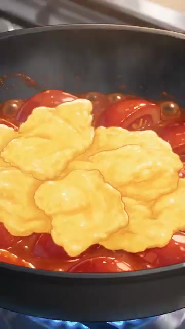 토마토가 으스러지도록 익으면 설탕, 소금을 넣고 볶아 소스를 만든다. — 5분 완성! 중화풍 토마토 달걀볶음 덮밥