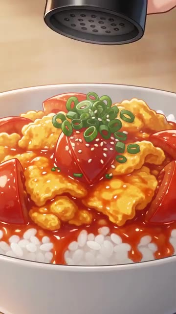참기름을 살짝 두르고 밥 위에 토마토 달걀볶음을 얹는다. — 5분 완성! 중화풍 토마토 달걀볶음 덮밥