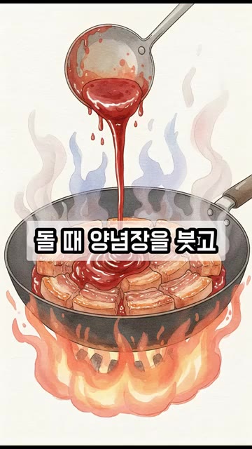 설탕이 기름에 녹아 윤기가 돌 때 양념장을 붓고 강불에 2분만 빠르… — 제육볶음 물이 흥건하다면? 양념 전에 '이것' 한 스푼!