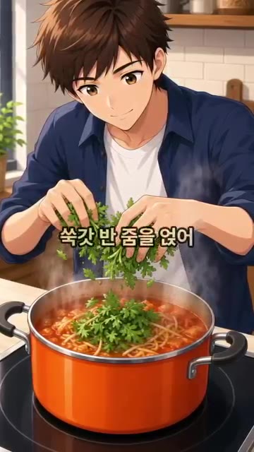 마지막으로 쑥갓 한 줌을 넣고 불을 끈다. — 김치콩나물국 맛있게 끓이는 법