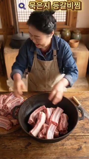 등갈비의 핏물을 제거하고 냄비에 담는다. — 시골 할머니의 진짜 묵은지 등갈비찜