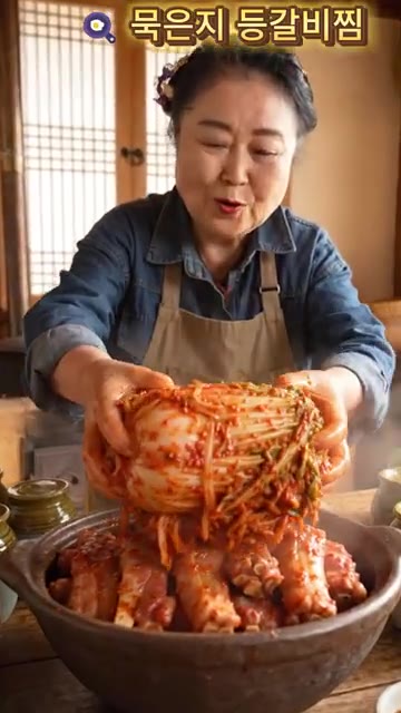 묵은지를 통째로 등갈비 위에 덮는다. — 시골 할머니의 진짜 묵은지 등갈비찜