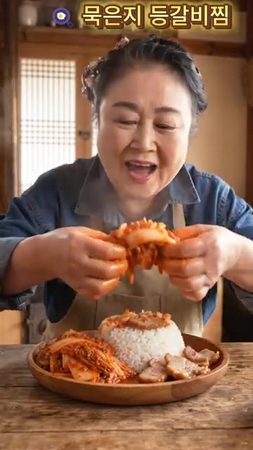 밥 위에 묵은지와 등갈비를 올리고 맛있게 먹는다. — 시골 할머니의 진짜 묵은지 등갈비찜