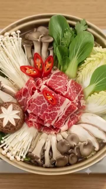냄비에 소고기, 버섯, 배추, 청경채, 홍고추를 보기 좋게 담는다. — 코인육수로 15분 완성! 국물 깊은 소고기 버섯 전골