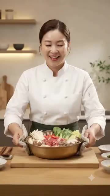 끓는 육수를 재료 위에 부어 완성한다. — 코인육수로 15분 완성! 국물 깊은 소고기 버섯 전골