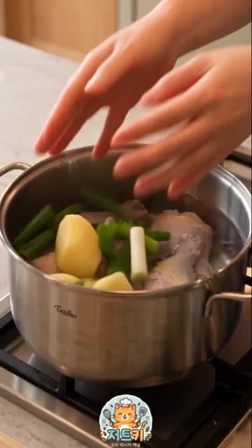 냄비에 데친 닭, 물 1.5L, 대파, 양파를 넣고 강불에서 끓입니다. — 집에서 만드는 닭한마리 레시피