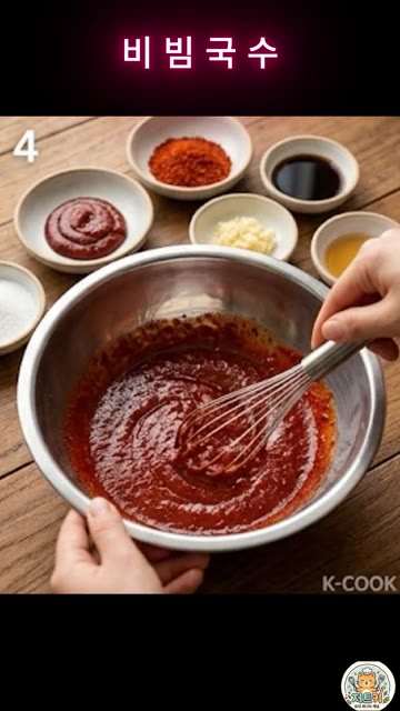 볼에 고추장, 고춧가루, 진간장, 식초, 설탕, 다진 마늘, 참기름… — 30초 비빔국수 레시피