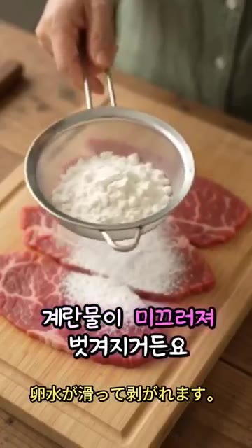 체에 담은 밀가루를 소고기 결대로 얇게 쳐서 고기 결이 다 보일 만… — 계란옷 절대 안 벗겨지는 찰떡 육전 비법