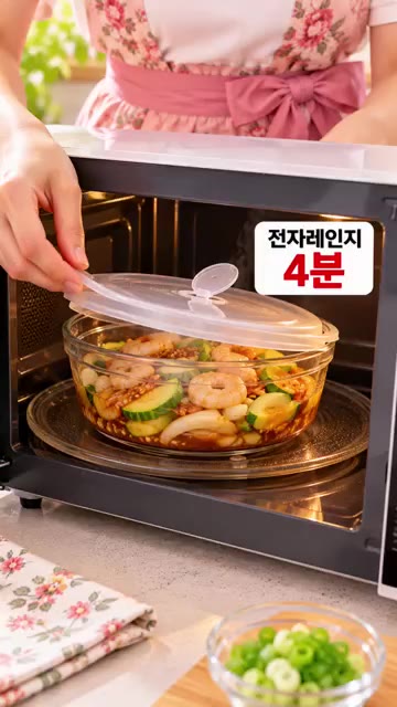 전자레인지에 넣고 4분간 돌린다. — 애호박 있으면 이렇게! 5분 30초 새우덮밥