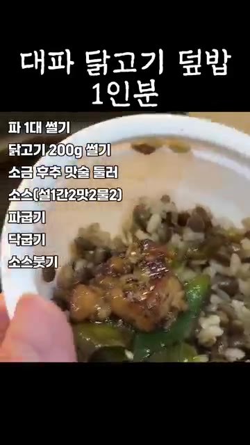 밥 위에 볶은 닭고기와 파를 올려 맛있게 먹는다. — 대파 닭고기 덮밥 1인분 #레시피