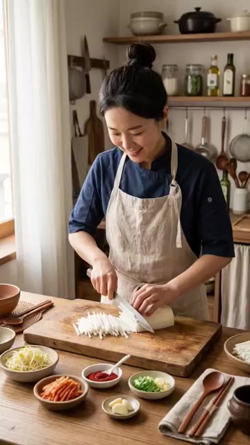 무를 가늘게 채 썰어 준비합니다. — 상큼한 빨간 무생채 만들기 (6단계)