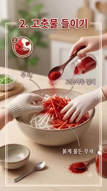 채 썬 무에 고춧가루를 넣고 골고루 버무려 붉은 색을 입힙니다. — 상큼한 빨간 무생채 만들기 (6단계)