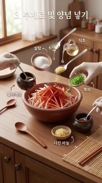 다진 마늘, 설탕, 멸치액젓, 식초, 쪽파를 넣습니다. — 상큼한 빨간 무생채 만들기 (6단계)