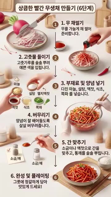 소금이나 액젓으로 간을 맞추고, 통깨를 솔솔 뿌립니다. — 상큼한 빨간 무생채 만들기 (6단계)