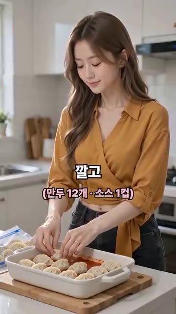 오븐 용기에 토마토 소스를 깔고 냉동 만두 12개를 가지런히 세워… — 만두로 라자냐 만들기