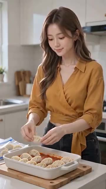 같은 방법으로 만두와 소스, 치즈를 한 층 더 쌓아 올린다. — 만두로 라자냐 만들기
