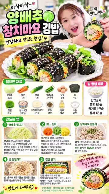 양배추 80g을 잘게 썰어 끓는 물에 10분간 데친 후 찬물에 헹궈… — 양배추 참치마요 김밥