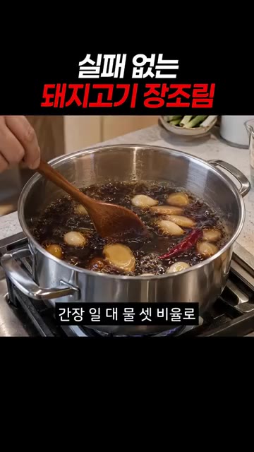 간장과 물을 1:3 비율로 섞고 설탕을 녹여 팔팔 끓여 양념장을 만… — 실패 없는 돼지고기 장조림 레시피