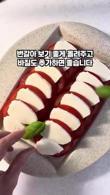 접시에 토마토와 치즈를 번갈아 보기 좋게 올리고 바질을 추가합니다. — 토마토 카프레제 발사믹 드레싱 만들기