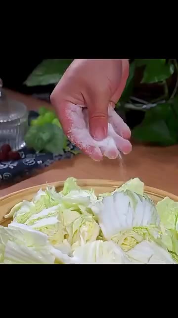 손질한 배추에 소금을 뿌려 숨을 죽인 후 물에 헹궈 물기를 제거한다. — 배추 겉절이 담글 때 찹쌀풀 절대 넣지 마세요