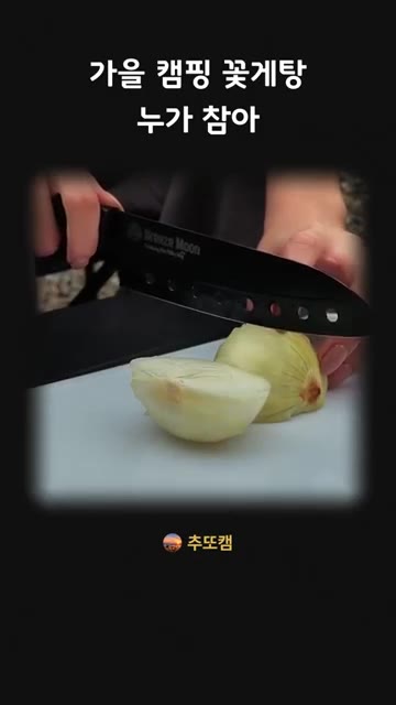 양파를 썰어 넣는다. — 가을 캠핑 꽃게탕