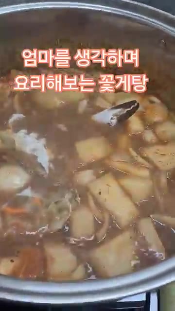 냄비에 물과 코인 육수 1개를 넣고 끓인다. 무와 양파를 넣고 끓인다. — 엄마 생각하며 요리하는 꽃게탕