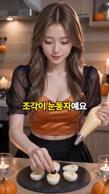 블랙 올리브 한 조각을 눈동자처럼 올린다. — 할로윈 눈알 달걀 데빌드 에그