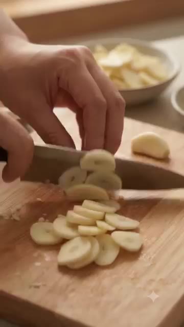 마늘을 얇게 썰어 준비합니다. — 1만원으로 즐기는 감바스 알 아히요
