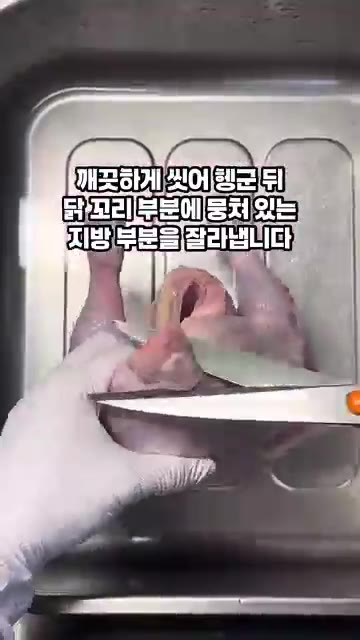 깨끗하게 씻은 닭의 꼬리 부분에 붙어있는 지방을 잘라냅니다. 날개… — 간단 닭백숙 레시피