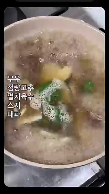 냄비에 무, 청양고추, 멸치육수, 썰어둔 스지, 대파를 넣고 끓이다… — 스지오뎅탕 만들기 #1분레시피 #술안주