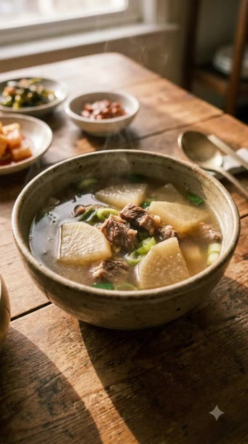 냄비에 소고기, 무, 다진 마늘, 물 또는 육수를 넣고 끓인다. — 종이컵으로 만드는 소고기 무국 황금비율 레시피