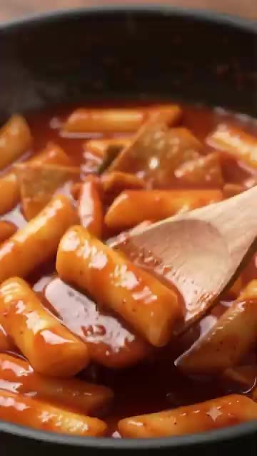 떡과 어묵을 주걱으로 저어가며 양념이 잘 배도록 졸여줍니다. — 치즈 듬뿍 넣은 초간단 야식 떡볶이 레시피