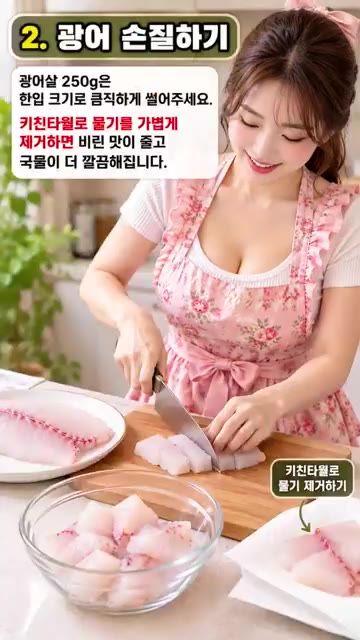 광어살 250g을 한입 크기로 썰어 키친타월로 물기를 제거합니다. — 광어살 듬뿍 담백하고 시원한 광어 미역국