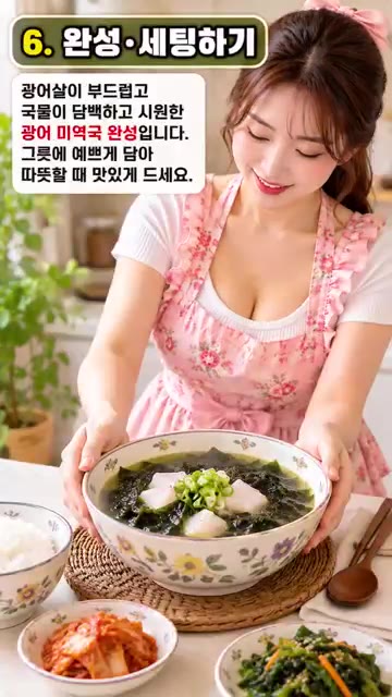 국간장, 참치액, 다진 마늘, 소금, 후추로 간을 맞춰 완성합니다. — 광어살 듬뿍 담백하고 시원한 광어 미역국