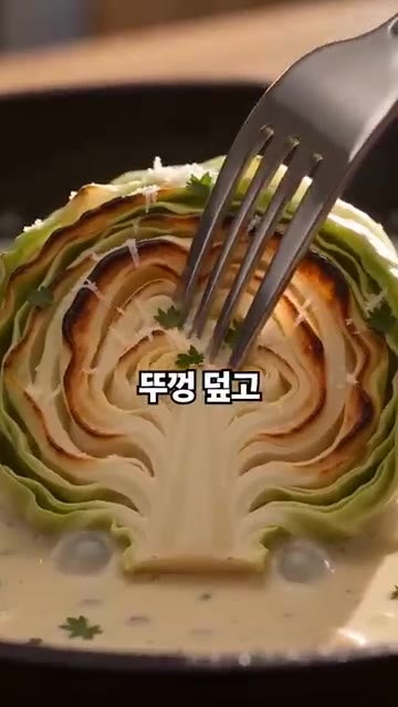 구운 양배추에 생크림 반 컵과 다진 마늘 1큰술을 넣고 뚜껑을 덮어… — 양배추 통째로 녹여? 멜팅 양배추