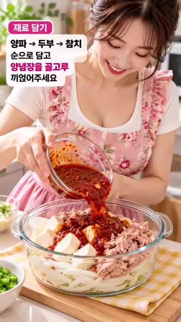 볼에 으깬 두부, 참치, 양파, 대파, 청양고추를 넣습니다. — 전자레인지 두부참치 짜글이 덮밥 6분 완성