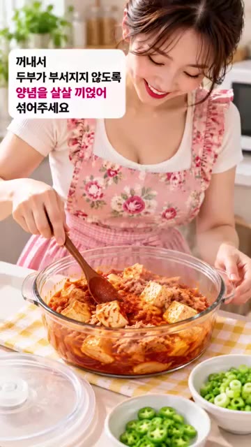 만든 양념장을 재료가 담긴 볼에 넣고 골고루 버무려 줍니다. — 전자레인지 두부참치 짜글이 덮밥 6분 완성