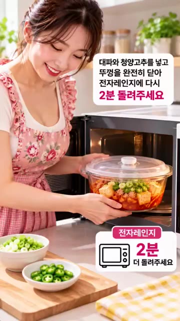 전자레인지 용기에 담아 뚜껑을 닫고 4분간 돌려줍니다. — 전자레인지 두부참치 짜글이 덮밥 6분 완성