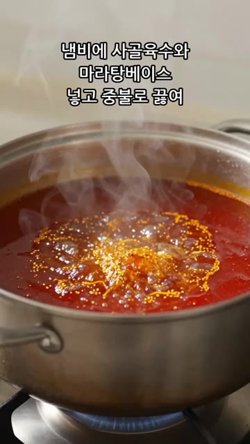 냄비에 사골육수와 마라탕 베이스를 넣고 중불로 끓인다. — 실패없는 집밥 마라탕