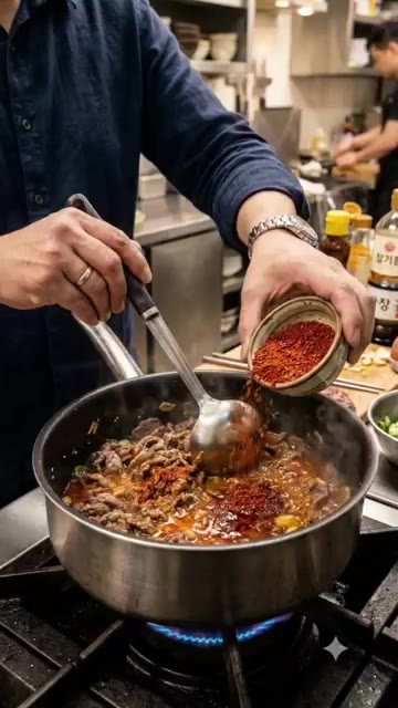무가 투명해지면 고춧가루와 다진 마늘을 넣고 볶는다. — 얼큰한 소고기 무국 끓이는 법