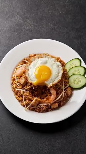 접시에 나시고랭을 담고 계란후라이와 오이 슬라이스를 올려 완성한다. — 단 3분 만에 폭풍 흡입! 집에서 만드는 마성의 한국식 나시고랭 볶음밥