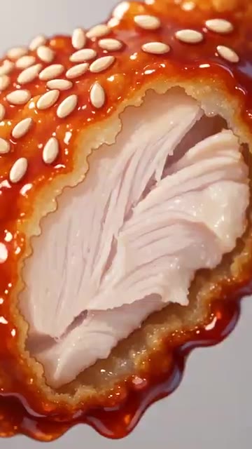 바삭한 양념치킨을 집어 소스가 늘어나는 것을 보여주며 맛있게 먹는다. — 양념치킨 레시피 🍗 두 번 튀겨 더 바삭한 매콤달콤 글레이즈