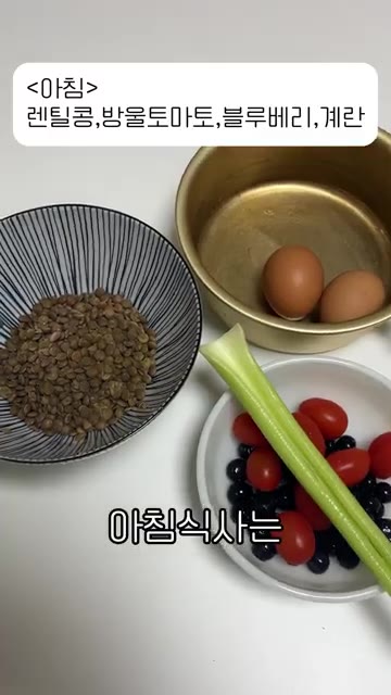 아침 식사로 렌틸콩, 방울토마토, 블루베리, 계란을 준비합니다. 렌… — ChatGPT로 만드는 건강한 하루 식단